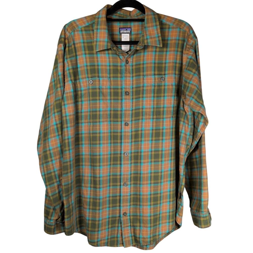 Patagonia Organic Cotton Men's Flannel Shirt Long Sleeve Plaid Green Orange Lg